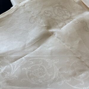 Vintage Ivory linen Tablecloth 70wide 90 long vintage over 80 yr southern Mn.